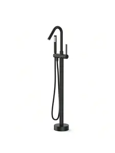 【Christmas Gift】Black Freestanding Bathtub Faucet, Brass Single Handle with Hand Shower, Brushed Nickel Finish, Matte Black, Halloween Decor - Smooth