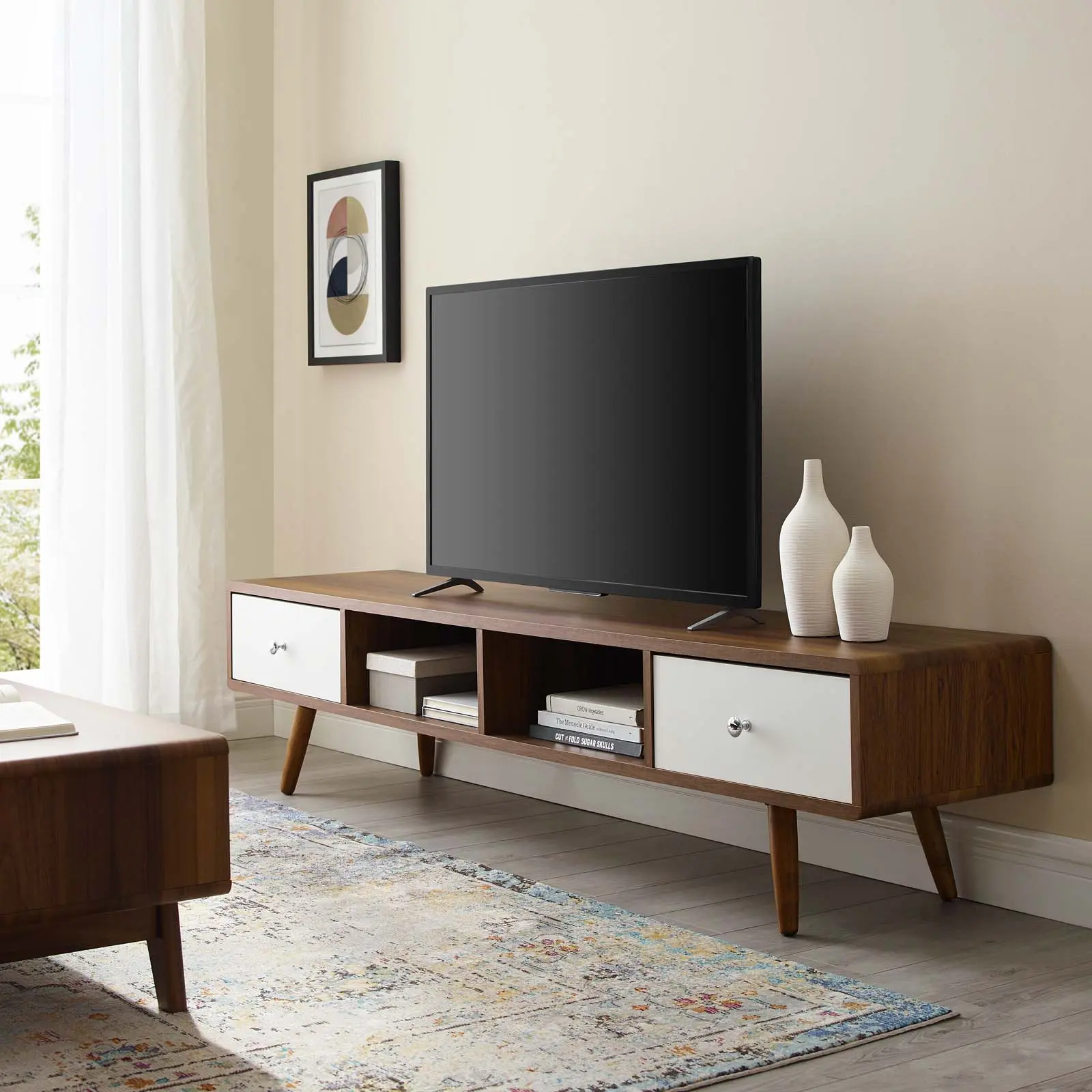 Modway Transmit 70" Media Console Wood TV Stand in Walnut White