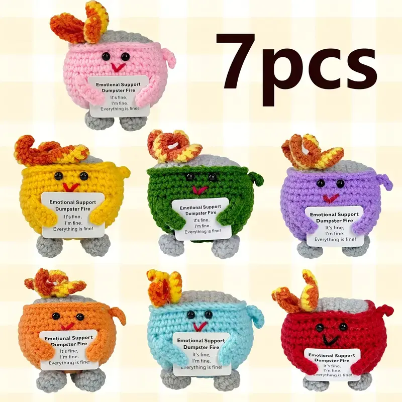 2counts.Okra.Creative Trash Can Flame Design Crochet Toy, Emotional Support Dumpster Fire with Card, Festive Decorations for Home Office Desk, Handmade decoration Soft Stuffed Animal