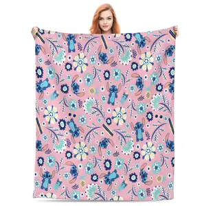 DISNEY CLASSIC Stitch Floral Pattern Throw Blanket – Pink Background with Cute Disney Lilo & Stitch Characters, Tropical Flowers and Leaves, Home Decor or Fan Gifts