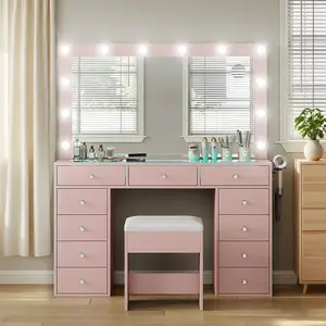 Vanity Desk with Illuminated Mirror & Power Outlet, 11 Drawers 12 LED Lights Vanity Table Set with Chair, 3 Lighting Modes Brightness Adjustable