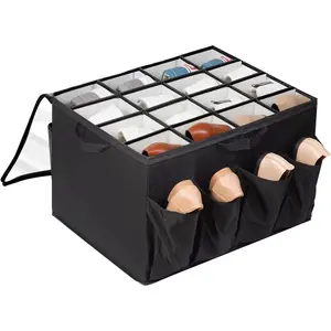 Shoe Organizer for Closet, Shoe Storage Solution with Clear Cover & Adjustable Dividers, Fabric Shoe Box Fits 16 +8 Pairs Shoes, Black, 1-Pack, Basket Fitting Household