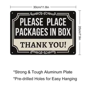 2D Flat, 1pc Vintage Rustic Metal Wall Sign - "Please Place Packages in Box" Practical Decor. Classic Black & Beige Design, Suitable for Porch, Entryway, Office. Durable Indoor/Outdoor Organizing Sign, Functional Home/Store Decor