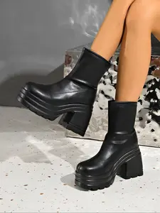 Women's Fashionable Solid Color Platform Boots, Casual Comfortable Round Toe Ankle Boots for Daily Wear, Female All-match Trend Shoes for Daily Wear