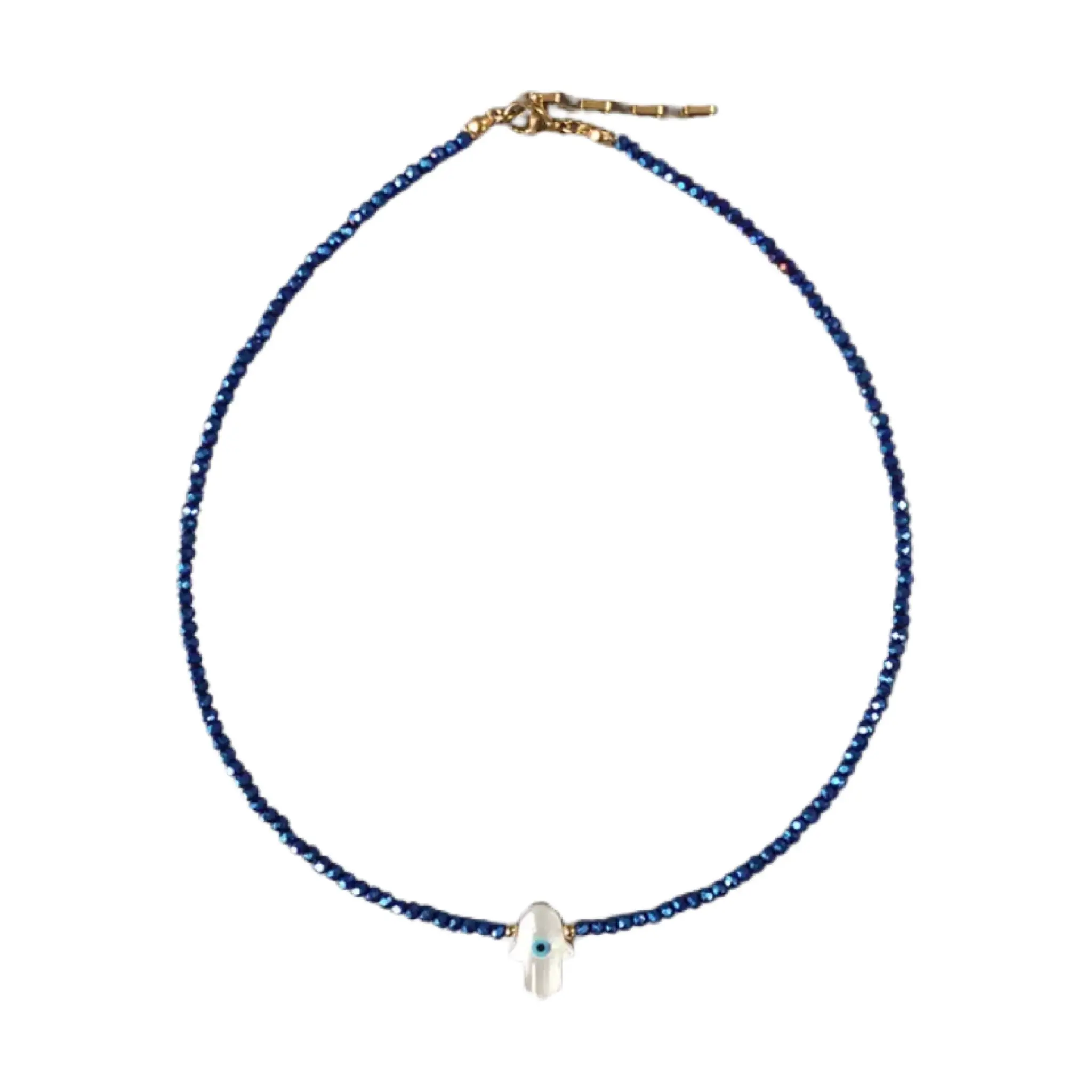 Nacar Eye Puka Necklace with Blue Beads and Simple Design