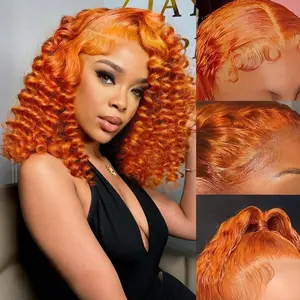 #350 Orange Ginger Water Wave BOB Wig Human Hair 13x4 HD Lace Frontal Short Curly Ginger Orange Lace Front BOB Wigs For Black Women Human Hair Pre Plucked Wear And Go Glueless Wigs