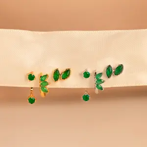 Jade Earrings Set by Caitlyn Minimalist - Dainty Green Jade Gemstone Earrings - Ear Jacket, Marquise Hoop Earring & Stud Earring - Floral Jade Jewelry - Birthday Gift