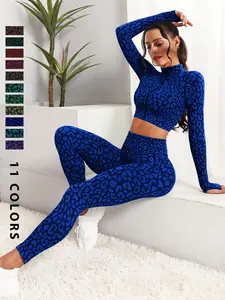 Women's Leopard Print Zip Up Crop Top & High Waist Leggings Tracksuit Set, Animal Pattern Sportswear, Sporty Casual Comfy Outfits for Yoga Gym, Women Tracksuits for Spring & Fall