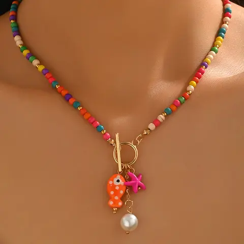 Summer Ceramic Fish & Starfish Pendants Beaded Necklace, with Toggle Clasp Design, Fashion Faux Pearl Decor Necklace, Cute Summer Jewelry, Jewelry Gifts, Perfect Gift for Women