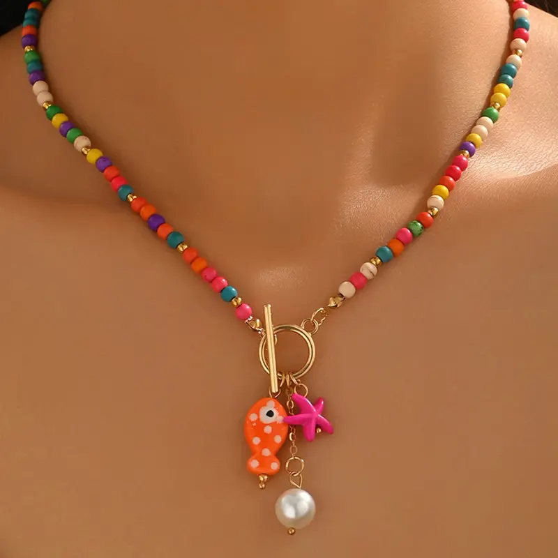 Summer Ceramic Fish & Starfish Pendants Beaded Necklace, with Toggle Clasp Design, Fashion Faux Pearl Decor Necklace, Cute Summer Jewelry, Jewelry Gifts, Perfect Gift for Women