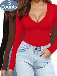 1/2/3 Counts Women's Warm Long Sleeve Casual Loungewear Tops, Comfortable Shirt, Scoop Neck Stretchy Basic Tops, Tee, Shapewear for Fall & Winter, Y2K Womenswear, Everyday, Perfect For Daily Wear and Going Out