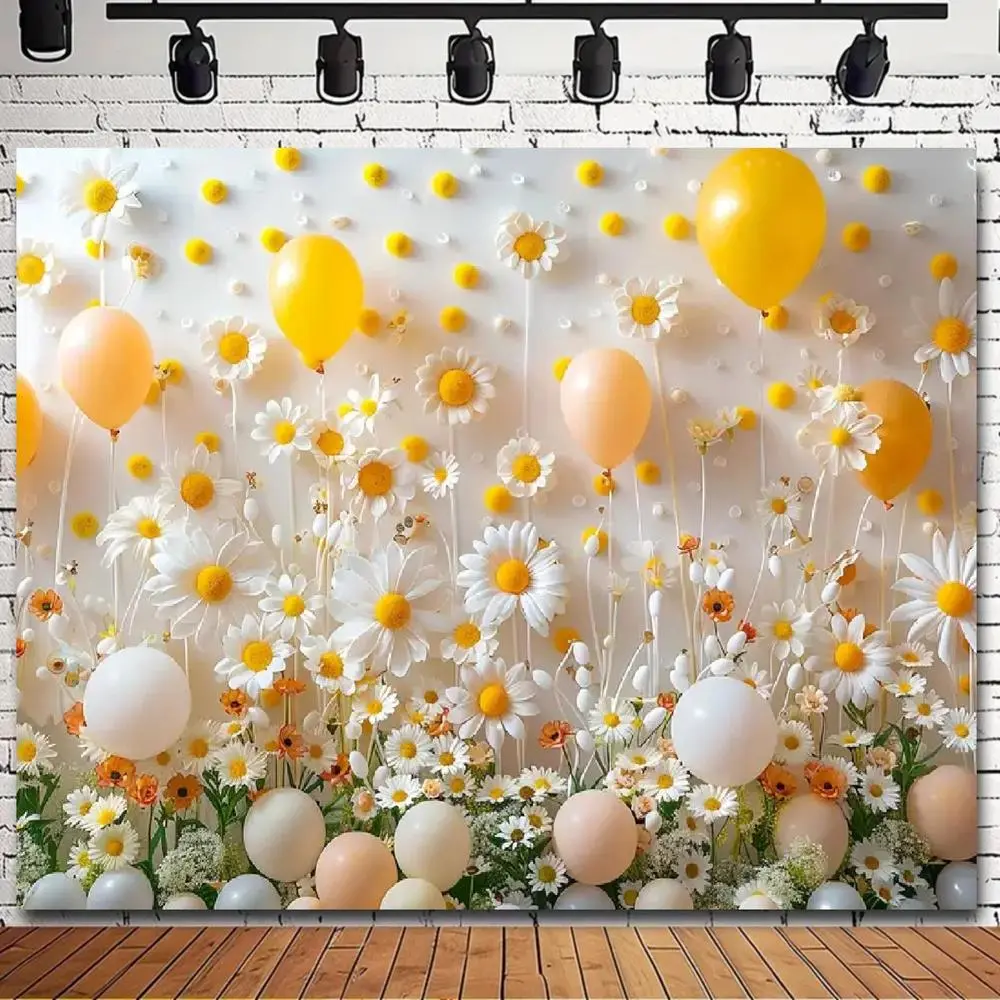 1pc Polyester 2D Flat Vibrant Print Daisy Flower Happy Birthday Backdrop Banner with Balloon Compatibility, Home & Festive Party Decoration Supply for Photography, Cake Table Decor