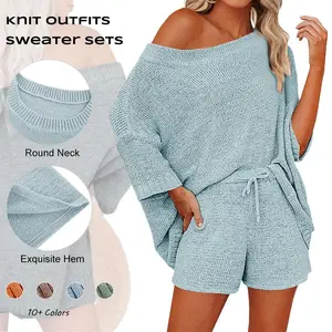 【New】Sovelen Women's 2 Piece Outfits Sweater Sets Off Shoulder Knit Top Shorts Matching Suits Cute Pajama Lounge Set