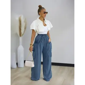 Women's Casual Denim Jeans, Elastic Waist Drawstring Straight Leg Multi-Pocket Wide-Leg Long Trousers, All Season Woven Fabric