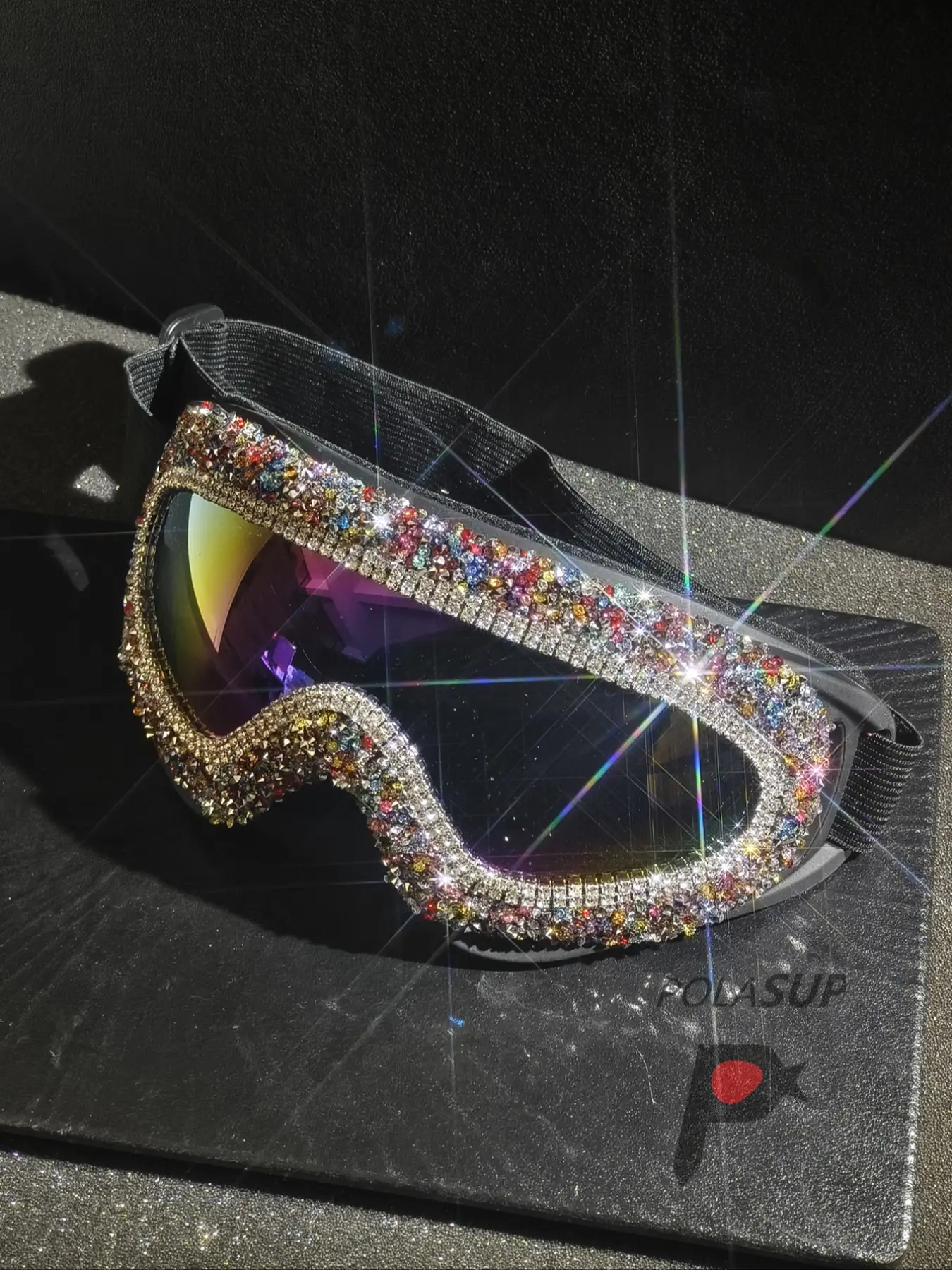 Luxury Colorful Rhinestone Ski Goggles with Adjustable Strap, Decorative Watercolor Design, Sporty Style for All Seasons, Polycarbonate