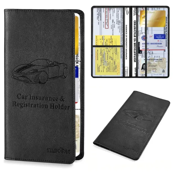 Leather Car Registration and Insurance Card Holder, Car Document Holder for Cards License with Magnetic Shut (Black, large)