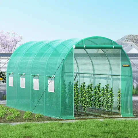 VEVOR 15x7x7 ft Walk-in Tunnel Greenhouse, Outdoor Metal Plant Hot House with Galvanized Steel Hoops, Top Beam, Diagonal Poles, Zippered Roll-up Door, 8 Roll-up Windows, UV Rain Protection for Walkin Plant Care, Green