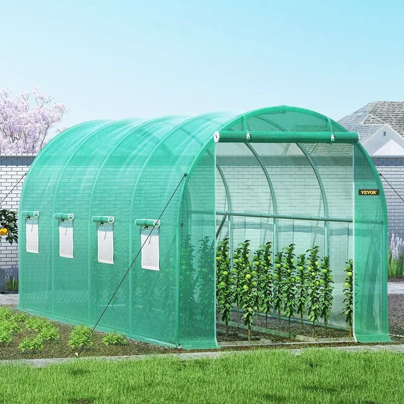 VEVOR 15x7x7 ft Walk-in Tunnel Greenhouse, Outdoor Metal Plant Hot House with Galvanized Steel Hoops, Top Beam, Diagonal Poles, Zippered Roll-up Door, 8 Roll-up Windows, UV Rain Protection for Walkin Plant Care, Green