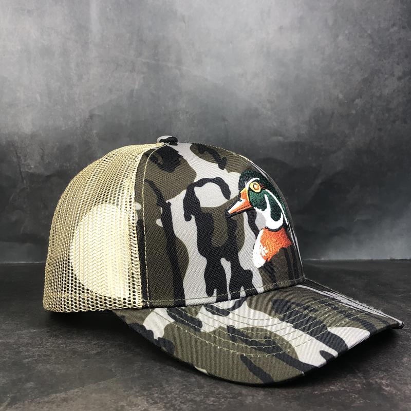 Wood Duck Hunting Hat – Embroidered Duck Design Bottomland Camo Trucker Cap, Perfect Gift for Duck Hunters