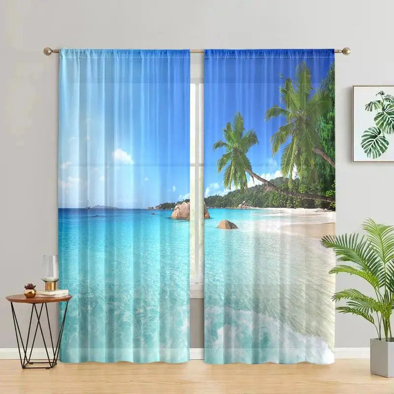 Beach & Sea View Pattern Curtain, 2 Counts/set Modern Art Semi-blackout Curtain, Home Decorative Curtain for Living Room Bedroom Kitchen Bathroom