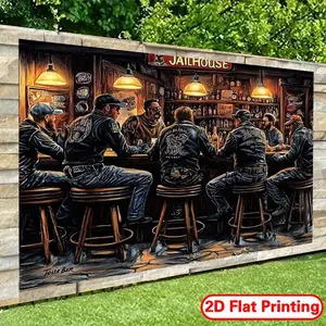Vintage Bar Motorcycle Club 2D Flat Polyester Photo Backdrop, 1PC Standing Banner for Birthday & Festival Events, Indoor-Outdoor Gathering Decoration Cloth Background Wall Curtain, Photo Backdrops