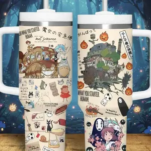 Studio Ghibli 40oz Tumbler with Handle | Totoro, Howl's Moving Castle & Spirited Away Anime Travel Mug with Straw | Perfect Fan Gift Merch Idea