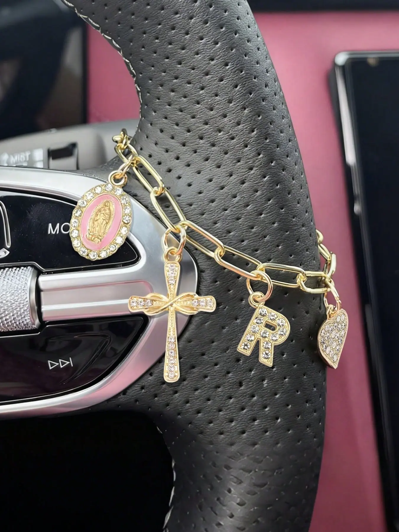 A steering wheel bead pendant, inlaid with religious colored rhinestones, car pendant, can engrave initials, Christian amulet keychain, inlaid religious cross, pearl diamond amulet - cross keychain