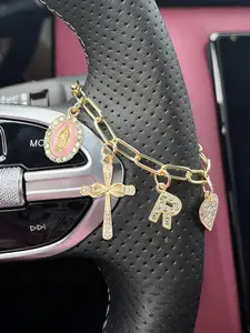 A steering wheel bead pendant, inlaid with religious colored rhinestones, car pendant, can engrave initials, Christian amulet keychain, inlaid religious cross, pearl diamond amulet - cross keychain