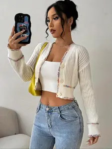 New Women's Short Fitted Y2K Chic Knit Jacket, Ribbed, Colorblock Button Front, Spring & Fall, Casual Winter Outerwear, Versatile Daily Wear