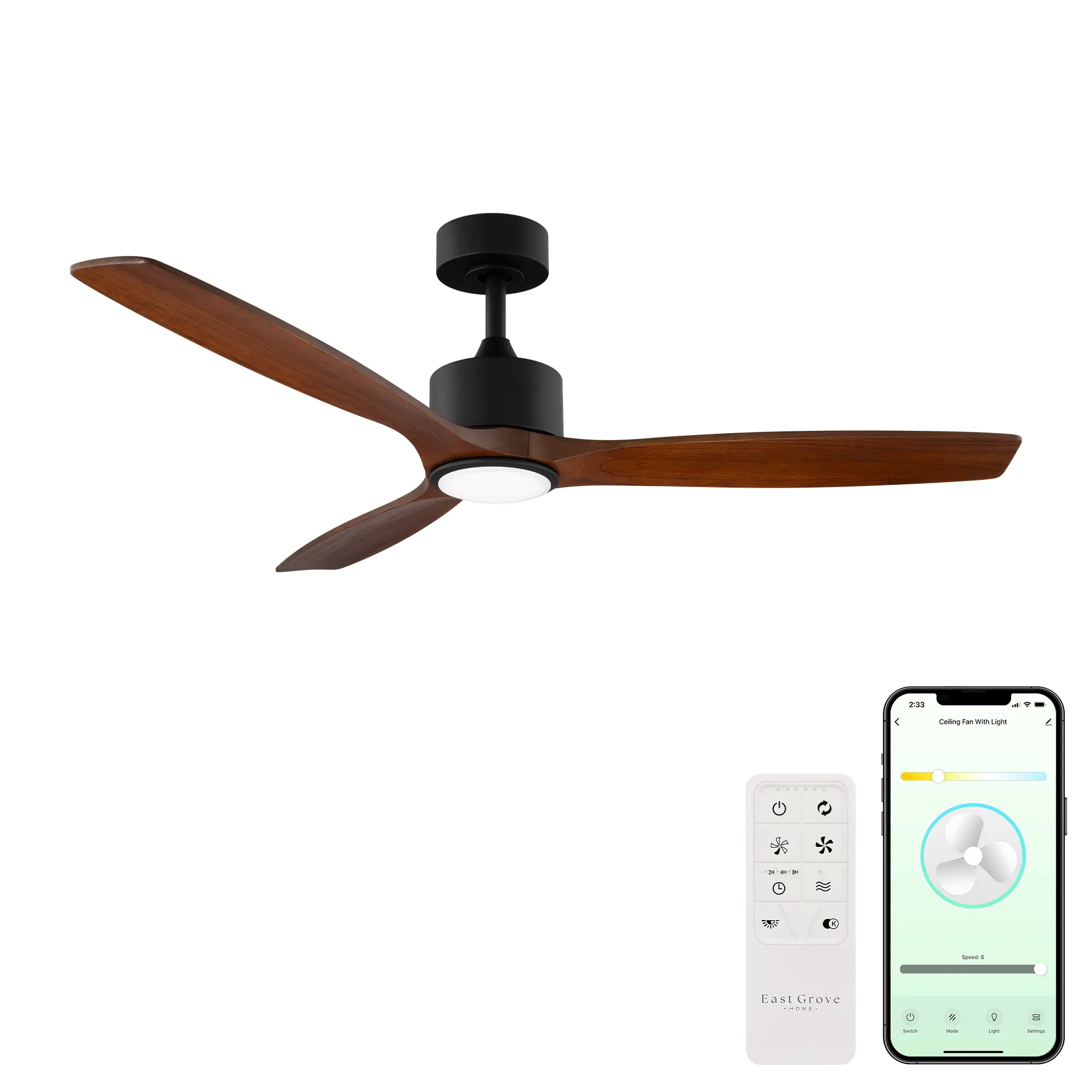 Madera 52in 3-Blade Indoor or Outdoor Smart Ceiling Fan with Solid Wood Blades, Remote Control & App Control