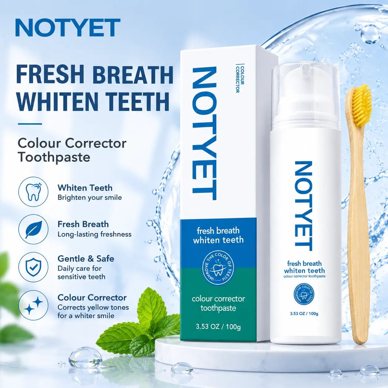 NOTYET Toothpaste, Colour Corrector Press-Type Formula for Teeth Whitening & Fresh Breath, Gentle Oral Care with Easy Application