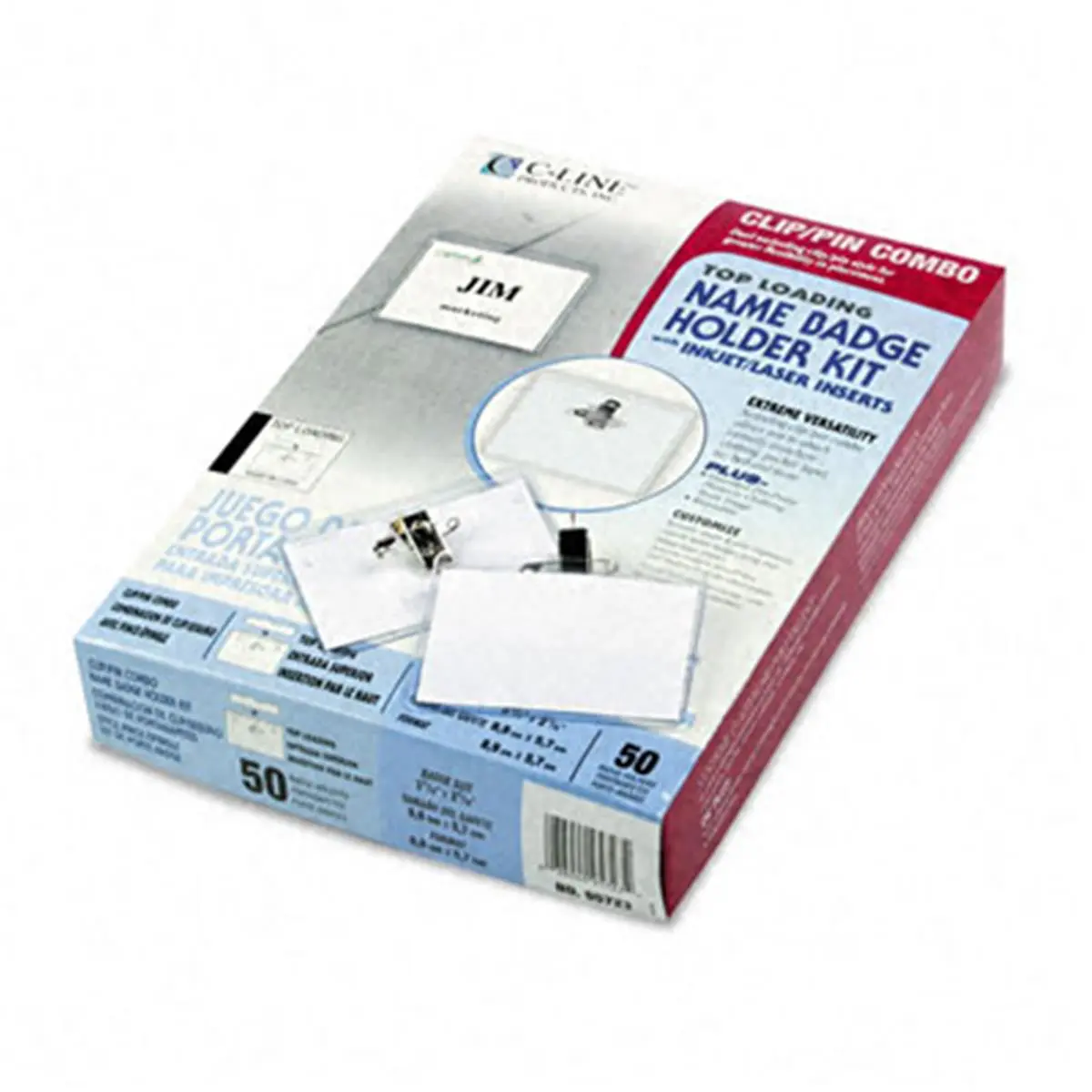 C-Line Top-Load Clip-Pin Combo Name Badge Holder Kit, 2.25x3.5 in, White, 50 Per Box, Top Rectangular Inkjet Inserts for 8.5x11 in Inkjet Laser Printers