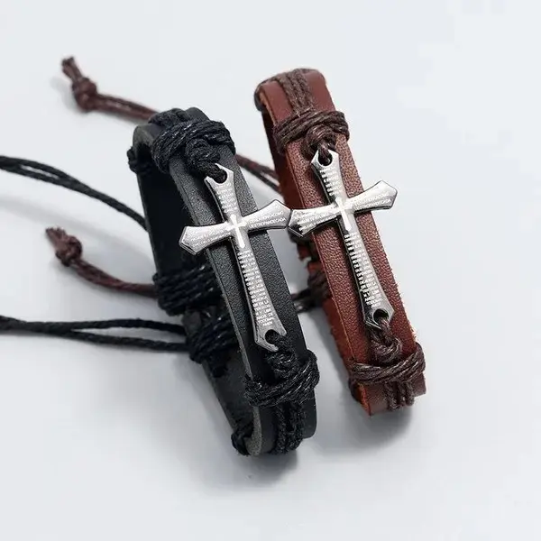 Leather Bracelet with Cross, Lords Prayer, Christian God, Jesus, Catholic