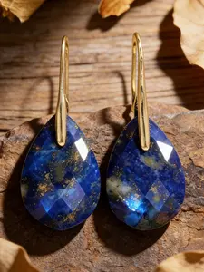 Vintage Lapis Lazuli Teardrop Earrings, Faceted Stone Natural Stone Copper Ear Hooks, Random Print, All Seasons Retro Style