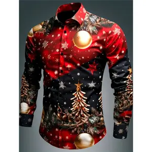 Men’s Christmas-themed patchwork long-sleeve shirt with colorblock design featuring a Christmas tree, gold ball, and snowflake print; collared button-up casual top GARMENTARY