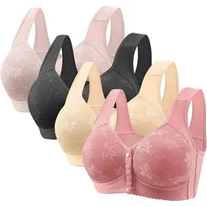 4 Pack Daisy Bras for Older Women Front Closure Wireless Push Up Bras Everyday Wirefree Comfortable Sleep Bralettes