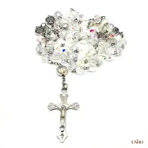Crystal Beaded Crucifix Cross Pendant Long Necklace, Colorful Statement Bead Chain Jewelry For Adult Women, Classic Catholic Religious Accessory Ideal For Baptism Ceremony & Daily Casual Outfit Gift