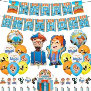 Blippi Balloon Happy Birthday Banner Decoration Party Supplies Backdrop English Teacher Cake Topper Disposable Tableware Sticker
