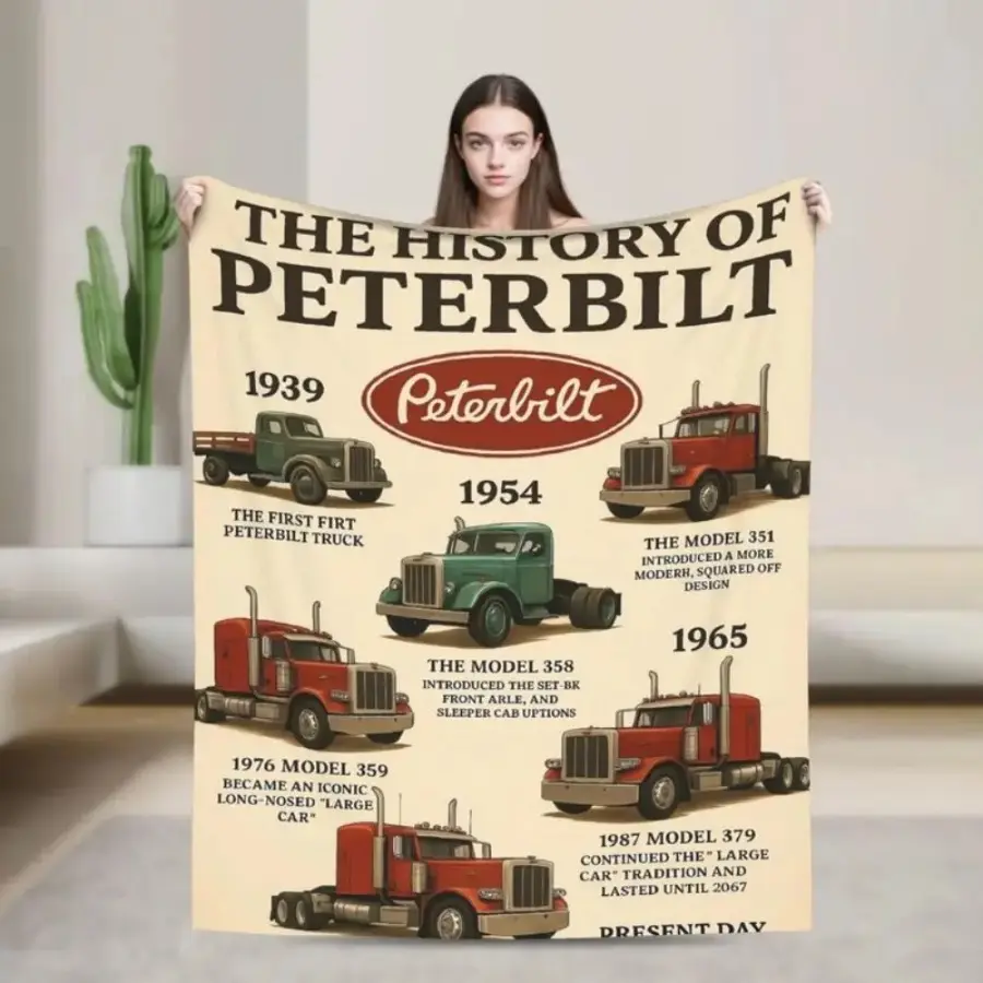 1pc Peterbilt The History of Peterbilt Throw Blanket Heavy-Duty Flannel All-Season Soft Bedspread Black & Red Trucking Design for Home Office or Semi-Truck Decor Ideal Gift for Truck Drivers & Fans