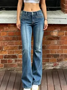 Women Double Button Mid Rise Flare Jeans Vertical Front Seam Golden Scroll Embroidery Back Pocket Dark Wash Denim