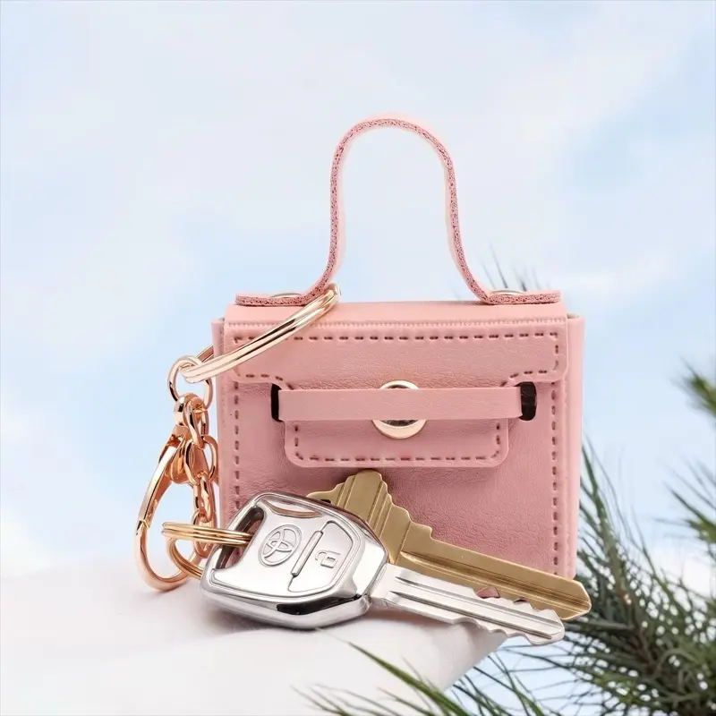 Square PU Leather Compact Mini Handbag Keychain - Cute Purse Charm, Key Ring Accessory for Keys, EarPods