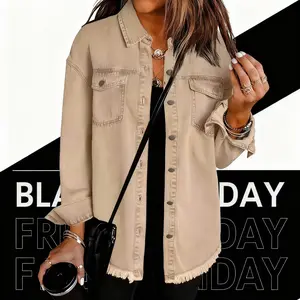 Washed Denim Shirt Jacket for Women Unique Style Frayed Hem Outerwear Long Sleeve Cardigan Casual Fitted Tops Womenswear Coats Basic Black Minimalist Orange Khaki White11
