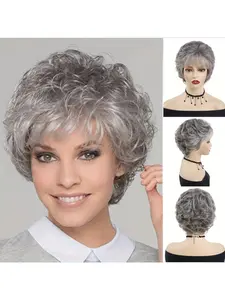 Elegant Short Wavy Wig with Bangs, Natural Look Synthetic Curly Wavy Hair, High-Temperature Fiber, Loose Curl Style, Synthetic Material Wigs, Perfect Gift for Seniors or Mothers
