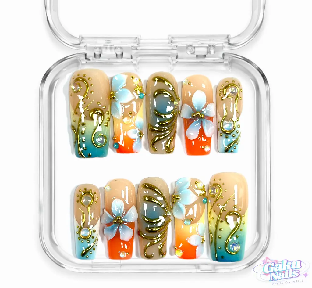 GakuNails SOLAR TIDE 10 Pcs High-Quality Long Square Pink Floral French Tips with 3D Gel and Diamond Charms, Reusable False Nails, French Tip, Multi-Pack, 3D Floral Detail, Diy Nails At Home, Manicure At Home, Nail Designs, Decorated Nails, Diy Fak