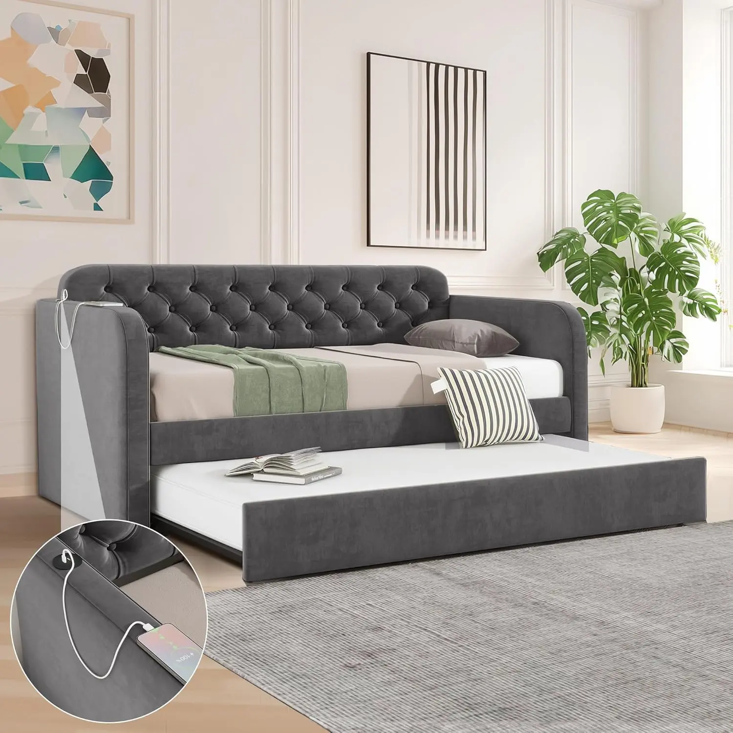 Twin Daybed with Trundle and USB Charging Station, Upholstered Day Bed Frame Twin Size Sofa Bed for Living Room, Bedroom, No Box Spring Needed (Dark Grey)