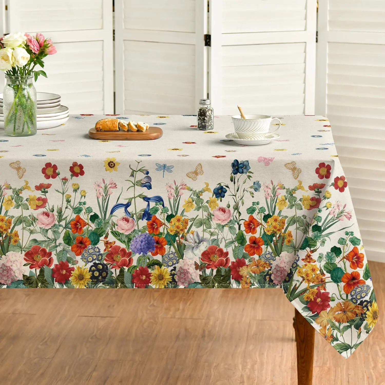 Polyester Rectangular Spring Tablecloth - Watercolor Floral Washable Table Cover for Party Decoration, Outdoor Table Decoration