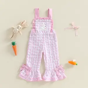 Kids Toddler Baby Girl Easter Overalls Jumpsuit Plaid Bunny Embroidered Sleeveless Flare Pants Jumpsuit for Summer Spring Clothing 1-5 Years