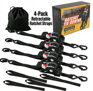 4-Pack Retractable Ratchet Straps  - 1" x 10' (1540lb Break Strength) - Heavy Duty Auto Self Retracting Tie Down Straps for Truck, Trailer, Cargo Van, Motorcycle - Orange