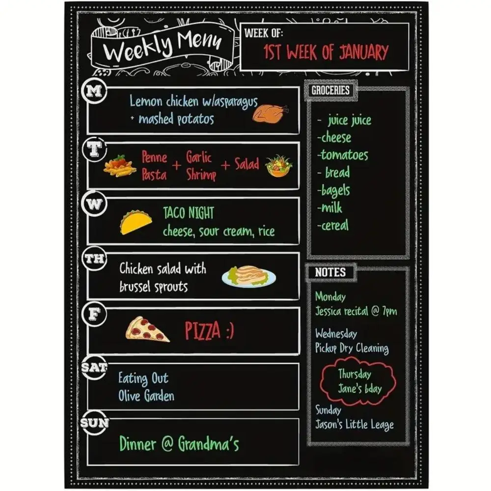 Weekly Menu Board, Magnetic Dry Erase Menu Board, Grocery List and Notepad for Kitchen Refrigerator (without Markers)