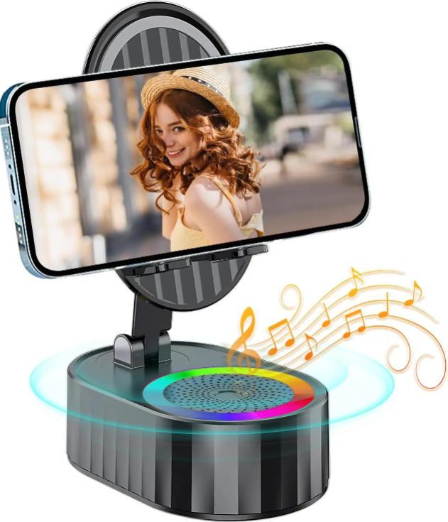 New Wireless Induction Audio Bluetooth Speaker 5in1 Cellphone Holder USB Emergency Rechargeable (3000mAh) Portable Power Mobile Tablet Stand with Colorful Ambient Light Gifts for Friend, Family